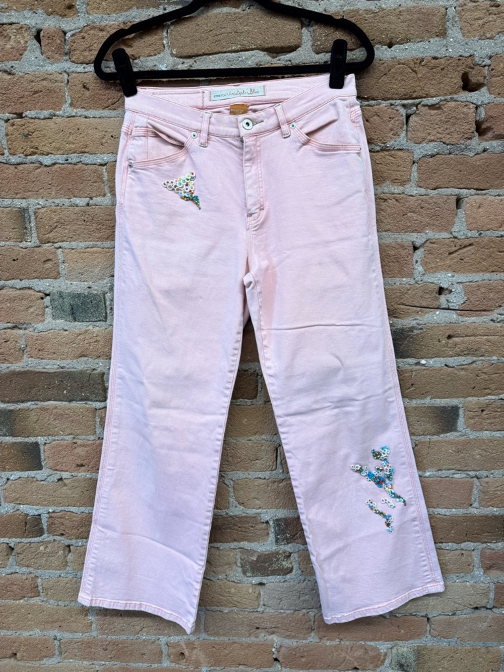 Christopher Blue Pastel Pink Flare Jeans with Beaded Embellishment